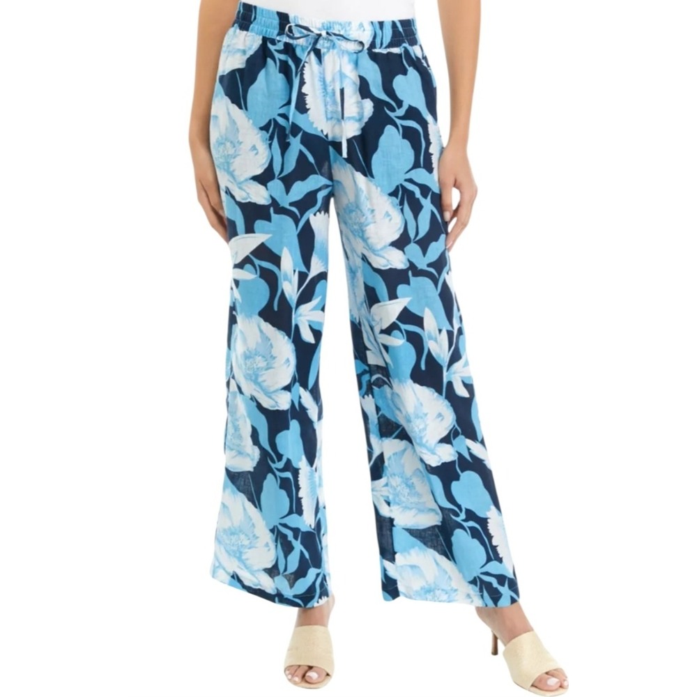 Elie Tahari Blue Floral Linen Wide Leg Pants Elastic Waist SZ Small Beach Resort